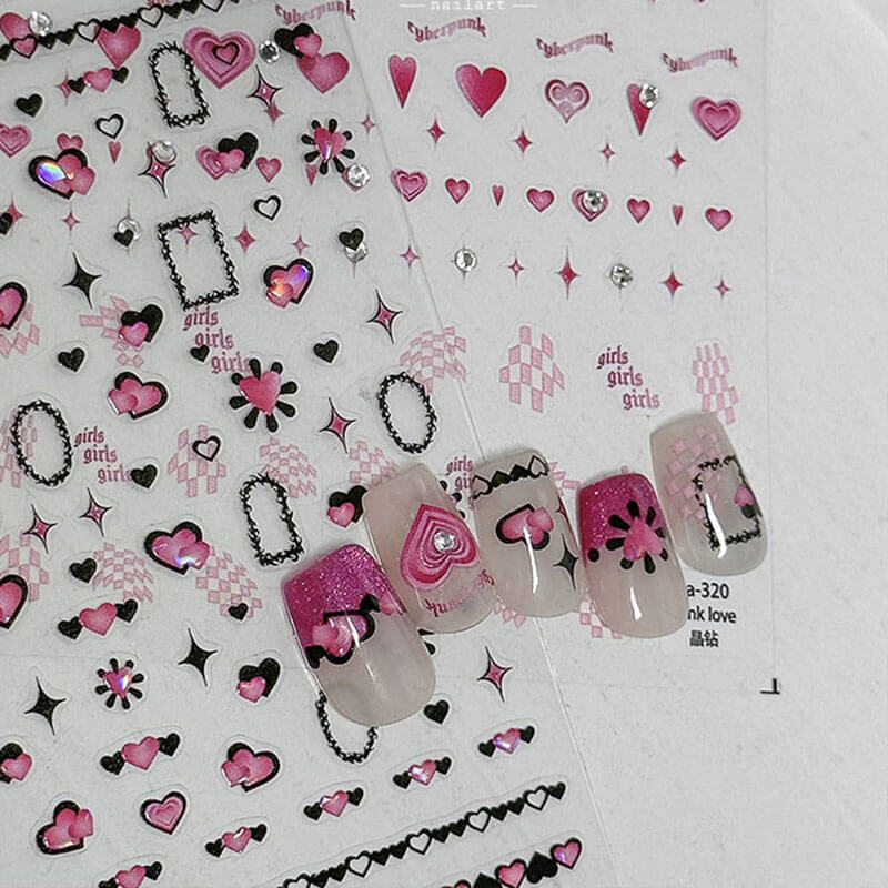 pink heart nail stickers, cute heart nail decals