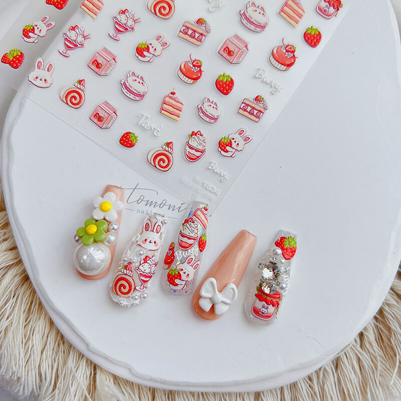 cute strawberry cake and rabbit nail design