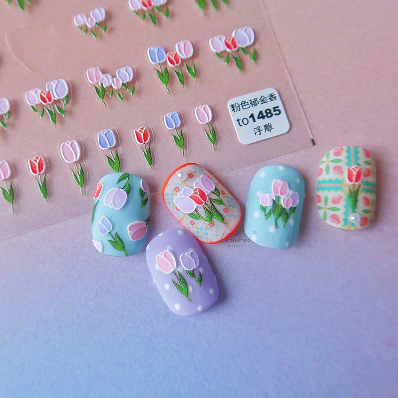 Tulip nail stickers featuring vibrant floral designs in 5D embossed and 3D flat variants