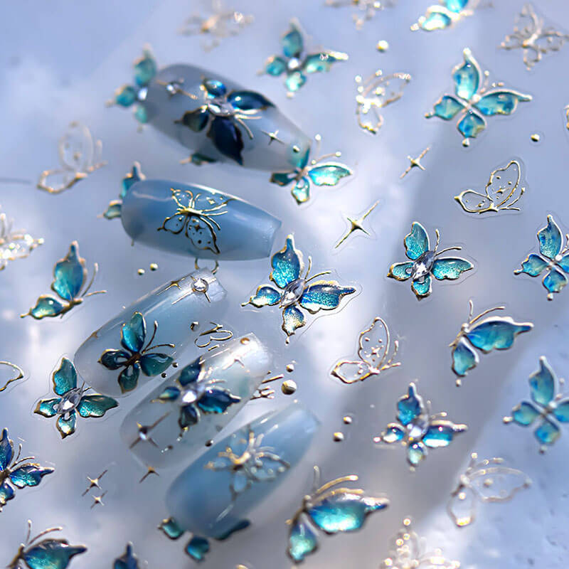 Blue Butterfly Nail Stickers- Sparkling crystals