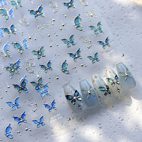 Dainty Blue Butterfly Nail Stickers with Crystals 