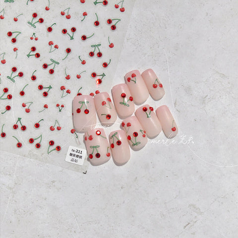 Cherry Nail Stickers with Crystals | Embossed Cherry Design