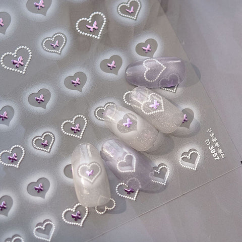 Heart Nail Stickers with Small Butterflies - Whimsical design