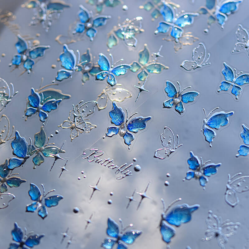 Dainty Blue Butterfly Nail Stickers with Crystals 