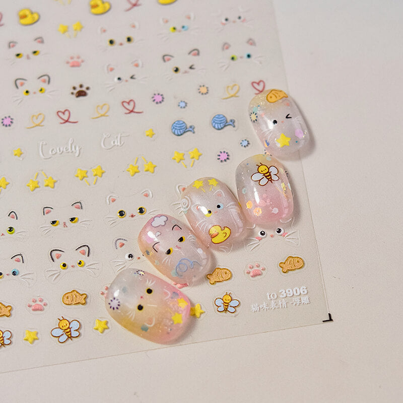 Variety of cat emoji nail stickers in different expressions