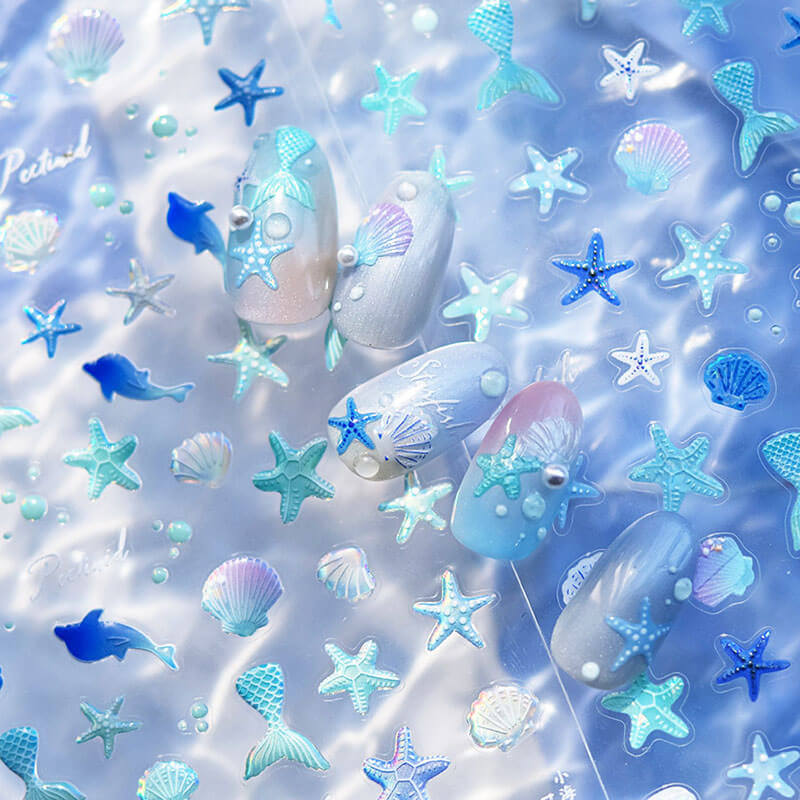Blue Starfish and Shell Nail Stickers - Beach-inspired design