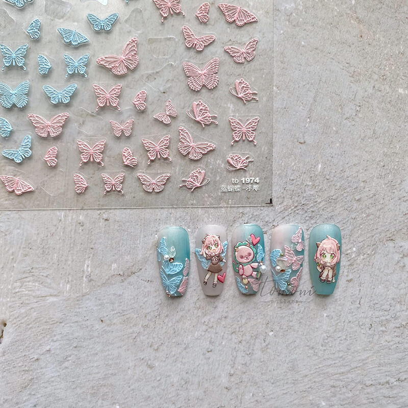embossed blue and pink nail stickers