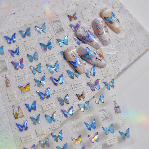 Close-up of Blue Butterfly Nail Stickers - Detailed design