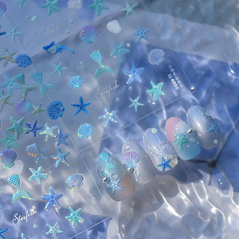 Summer Vibe Nail Art - Blue starfish and shell nail stickers