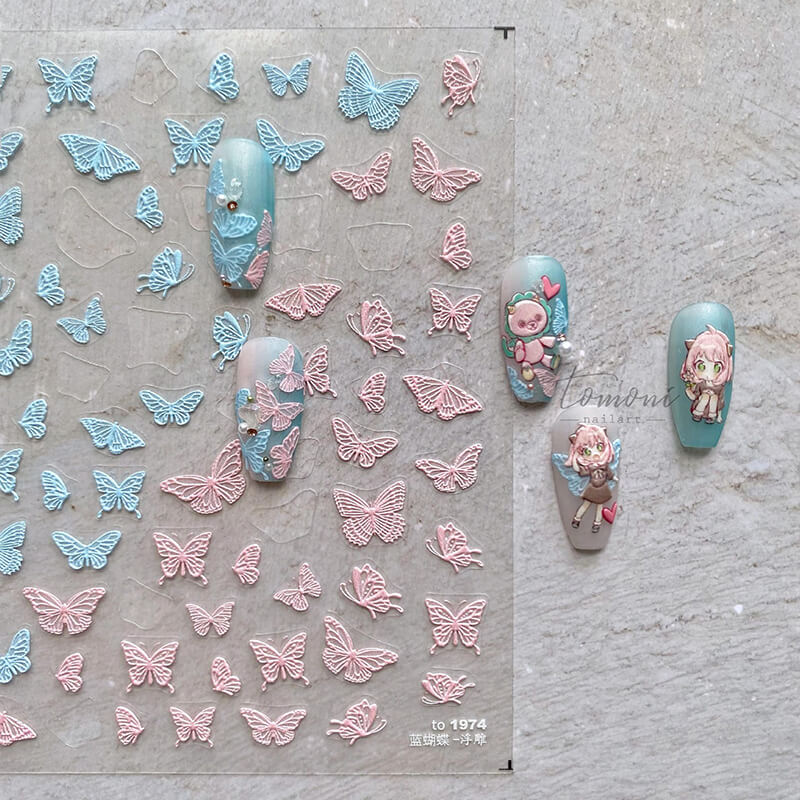 Blue and pink butterfly nail stickers