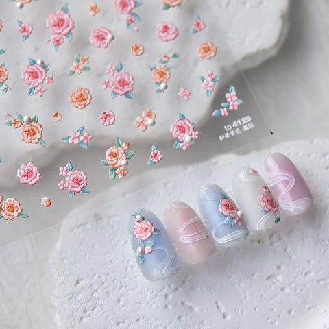 pink flower nail stickers  with pearls