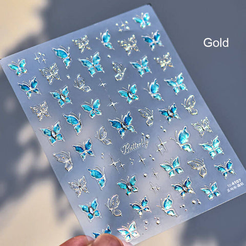 Blue Butterfly Nail Stickers with Gold Frame - Sparkling crystals