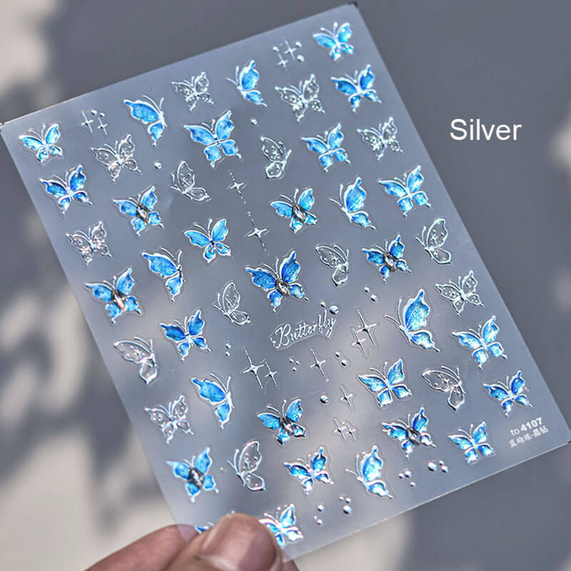 Blue Butterfly Nail Stickers - Silver Frame with Crystals