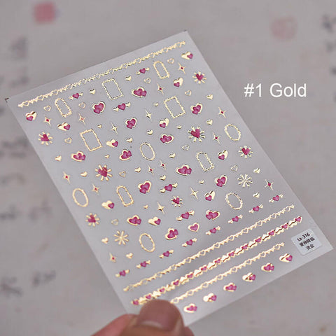 Gold Frame Heart Nail Stickers - Elegant heart design