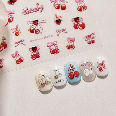 Cherry Nail Stickers, Cherry Nail Decals, Cute Fruit Nail Stickers, Red Cherry Nails, DIY Nails, 3D Nail Stickers, Bowknot Nail Stickers