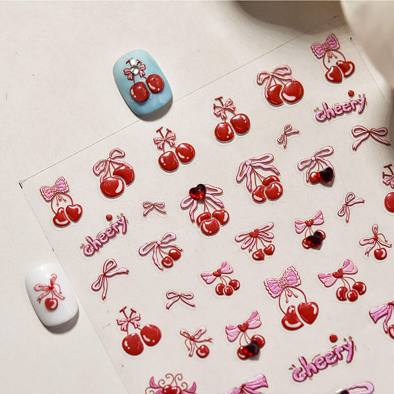 Cherry Nail Stickers, Cherry Nail Decals, Cute Fruit Nail Stickers, Red Cherry Nails, DIY Nails, 3D Nail Stickers, Bowknot Nail Stickers