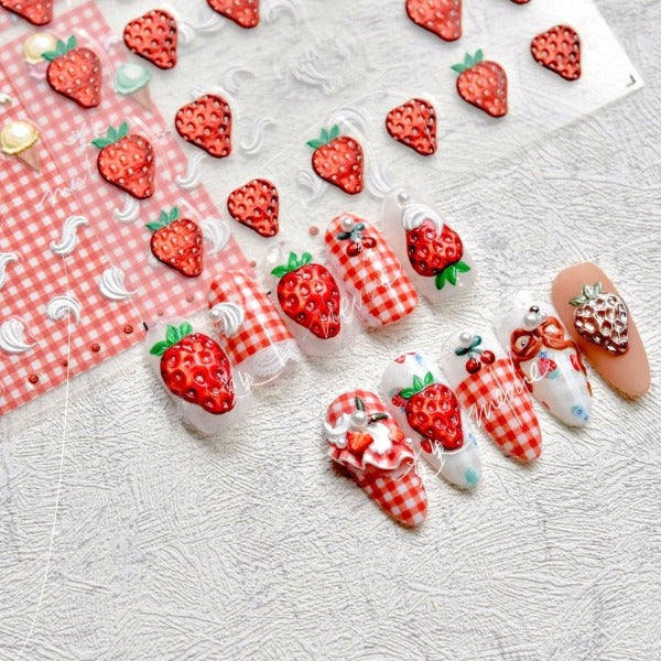 Strawberry Nail Stickers, Nail Decal Art, Strawberry Nail Decals, Cute Nail Stickers, Kawaii Nail Stickers, 5D Embossed - Miss Fairy Nails