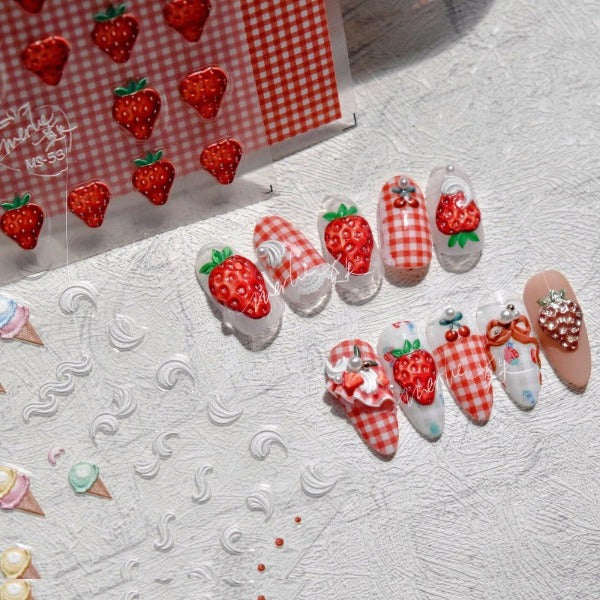 Strawberry Nail Stickers, Nail Decal Art, Strawberry Nail Decals, Cute Nail Stickers, Kawaii Nail Stickers, 5D Embossed - Miss Fairy Nails